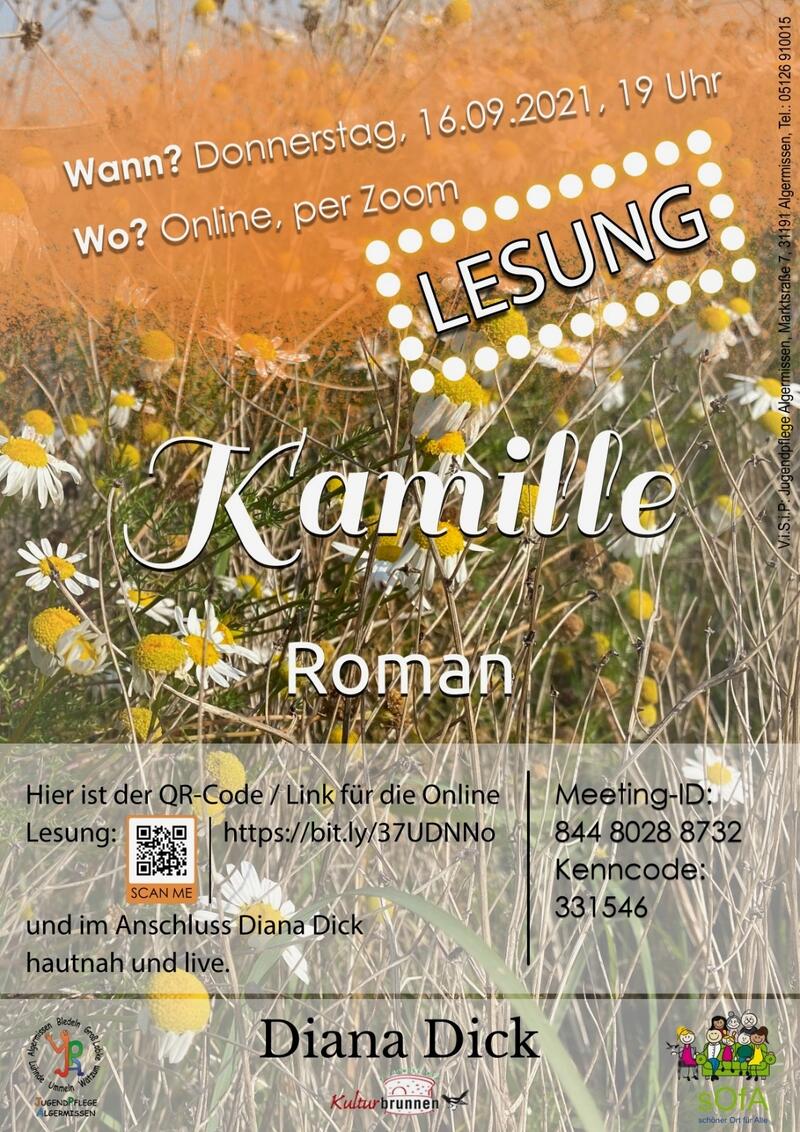 Buchvorlesung "Kamille" von Diana Dick am 16.09.2021, 19:00 Uhr, Plakat